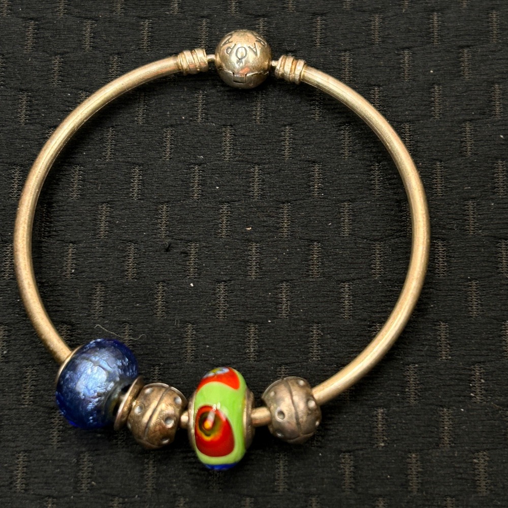 Pandora Sterling Silver Bangle Bracelet with 2 Murano‎ Glass and 2 Silver Charms
